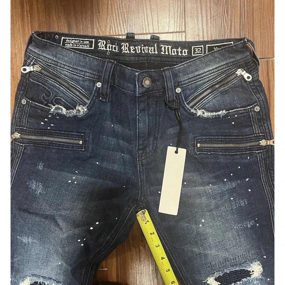 Rock Revival Moto Distressed Rip Zipper Vaclar Jeans RR Motorcycle Biker 32x31